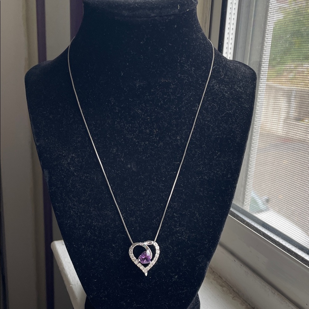 Heart-Shaped Amethyst & Diamond Heart Necklace 1/20 ct tw Sterling Silver 18"